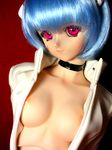  1girl ayanami_rei blue_hair breasts choker cleavage doll dollfie eyelashes female lips looking_at_viewer neon_genesis_evangelion open_clothes open_shirt photo pink_eyes ribbon_choker shirt solo 