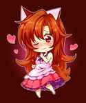  animal_ears bare_shoulders blush breasts brown_background brown_hair collarbone dress imaizumi_kagerou jewelry long_hair looking_at_viewer medium_breasts one_eye_closed red_eyes simple_background solo tail totoharu_(kujirai_minato) touhou wolf_ears wolf_tail 