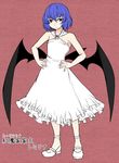 aoshima blue_hair character_name dress flat_chest hands_on_hips highres mary_janes remilia_scarlet shoes solo touhou translated white_dress wings 