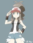  adjusting_clothes adjusting_hat bad_id bad_twitter_id bare_shoulders baseball_cap blue_eyes brown_hair collarbone denim denim_shorts exposed_pocket hat pokemon pokemon_(game) pokemon_bw ponytail shorts solo souji touko_(pokemon) vest wristband 