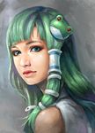  blue_eyes expressionless eyelashes frog_hair_ornament green_hair grey_background hair_ornament highres kochiya_sanae lips long_hair looking_at_viewer looking_to_the_side nose pandawei portrait realistic snake_hair_ornament solo touhou 