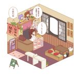  cash_register chibi comic failure_penguin fuuka_(fukasheu) indoors isometric kantai_collection kuma_(kantai_collection) long_hair majokko_(kantai_collection) mamiya_(kantai_collection) maneki-neko miss_cloud multiple_girls ponytail purple_hair restaurant tama_(kantai_collection) translated wainscoting 