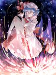  ascot bare_shoulders bat_wings blue_hair detached_sleeves dress fang glowing glowing_eyes hat looking_at_viewer mary_janes meiji_(charisma_serve) mob_cap no_panties pointy_ears red_eyes remilia_scarlet ribbon see-through shoes short_hair smile socks solo sparks spear_the_gungnir touhou vampire wings 