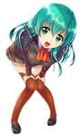  :d breasts brown_legwear green_eyes green_hair hands_on_own_knees highres kantai_collection large_breasts leaning_forward long_hair looking_at_viewer open_mouth sakaki_maki school_uniform smile solo standing suzuya_(kantai_collection) thighhighs white_background zettai_ryouiki 