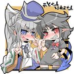  animal_ears black_hair blue_eyes blush cat_ears cheek_pinching grey_hair hat houjuu_nue kureha_mitsushige long_hair mononobe_no_futo multiple_girls pinching red_eyes short_hair smile tate_eboshi touhou v 