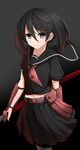  akame_ga_kill! belt black_hair black_serafuku buckle crop_top gradient gradient_background grey_eyes highres hurasukon katana kurome_(akame_ga_kill!) midriff navel pleated_skirt school_uniform serafuku short_hair skirt smile solo sword vambraces weapon 