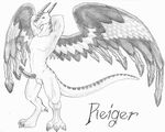  anthro balls biceps claws dragon erection horn looking_at_viewer male monochrome muscles penis pose reiger salamander_(artist) scalie smile solo traditional_media wings 