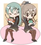  &gt;_&lt; :&gt; :3 aqua_hair blush_stickers brown_hair cherry closed_eyes food fruit hair_ornament hairclip hiroichi ice_cream kantai_collection kumano_(kantai_collection) multiple_girls sitting spoon suzuya_(kantai_collection) thighhighs x3 zettai_ryouiki 