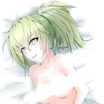  bed breasts censored collarbone duel_monster green_eyes green_hair long_hair looking_away open_mouth ponytail ribbon smile solo topless wynn yuu-gi-ou 