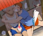  brown_hair endou_mamoru gouenji_shuuya headband hug inazuma_eleven inazuma_eleven_(series) inazuma_eleven_go kinokooooo male_focus multiple_boys open_mouth shaved_ice smile tank_top yaoi 