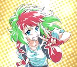  :d badge bangs belt blue_eyes breasts button_badge collarbone denim denim_shorts fang foreshortening gloves gradient gradient_background green_hair gundam halftone halftone_background happy jacket leaning_forward long_hair looking_at_viewer mayata multicolored_hair open_clothes open_jacket open_mouth red_gloves red_hair sd_command_chronicles sd_gundam shirt short_sleeves shorts sleeves_folded_up small_breasts smile solo tank_top taut_clothes taut_shirt tron_(sd_gundam) two-tone_hair upper_body v wavy_hair yellow_background 