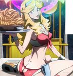  1girl ass back blonde_hair boobies_uniform curly_hair erect_nipples female food hairband holding holster honey_(space_dandy) looking_at_viewer makeup midriff screencap solo space_dandy stitched 
