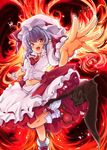  bat bloomers bow brooch fang fire hat hat_bow highres jewelry lavender_hair leg_lift navel nikke_(cherish) open_hands open_mouth outstretched_arms red_eyes remilia_scarlet sash touhou underwear 