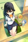  ahoge arm_support black_hair black_legwear blue_hair braid brown_eyes bucket cup cushion dorayaki eating fairy_(kantai_collection) food from_above fukumaru_(ns1) highres holding kantai_collection maintenance_musume_(kantai_collection) multiple_girls neck_ribbon porch ribbon school_uniform serafuku single_braid sitting skirt standing tatami tray ushio_(kantai_collection) veranda wagashi wariza yunomi 