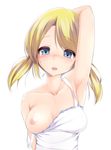  arm_up armpits arms_behind_head blonde_hair blue_eyes blush breasts highres horikazu looking_at_viewer medium_breasts nipples open_mouth original short_hair simple_background solo twintails white_background 