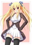  bad_id bad_pixiv_id black_legwear blonde_hair bow breasts casual hair_bow hair_ornament hair_ribbon hands_on_hips large_breasts long_hair looking_at_viewer open_mouth original red_eyes ribbon ro-ichi solo thighhighs twintails zettai_ryouiki 