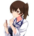  :t armor bad_id bad_pixiv_id brown_eyes brown_hair chopsticks eating food food_on_face japanese_clothes kaga_(kantai_collection) kantai_collection looking_at_viewer muneate plus9 rice rice_on_face side_ponytail solo 