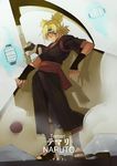  blonde_hair character_name copyright_name fan fingerless_gloves fishnet_legwear fishnets full_body gloves highres japanese_clothes kneehighs naruto naruto_(series) quad_tails sandals scythe smile solo temari tiger-league 