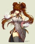  1girl blush breastless_clothes breasts brown_hair china_dress chinese_clothes dnf double_bun dress dungeon_and_fighter gloves long_hair nenmaster red_eyes solo thighhighs twintails 