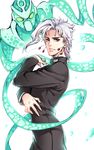  earrings gakuran hierophant_green jewelry jojo_no_kimyou_na_bouken kakyouin_noriaki kangetsu_(fhalei) male_focus red_eyes school_uniform solo stand_(jojo) tentacles white_hair 