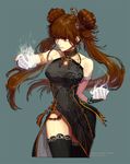  1girl blush breastless_clothes breasts brown_hair china_dress chinese_clothes dnf double_bun dress dungeon_and_fighter gloves long_hair nenmaster red_eyes solo thighhighs twintails 