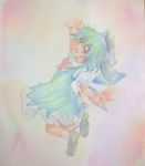  :d blue_eyes blue_hair bow cirno dress full_body hair_bow highres ice ice_wings looking_at_viewer open_mouth outstretched_arms pink_background puffy_short_sleeves puffy_sleeves shoes short_hair short_sleeves smile socks solo spread_arms touhou traditional_media watercolor_(medium) wings yuyu_(00365676) 