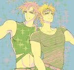  bad_id bad_pixiv_id blonde_hair caesar_anthonio_zeppeli facial_mark feathers hair_feathers headband jojo_no_kimyou_na_bouken joseph_joestar_(young) limited_palette midriff multicolored_hair multiple_boys red_hair t7senzo two-tone_hair 