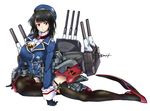  beret black_gloves black_hair black_legwear blouse breasts cannon floral_print garter_straps gloves hat high_heels huge_breasts izuna_nie jacket kantai_collection military military_uniform radar red_eyes seaplane short_hair sitting skirt takao_(kantai_collection) thighhighs torpedo turret uniform 