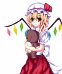  bad_id bad_pixiv_id blonde_hair crossed_arms doll_hug dress flandre_scarlet hat hat_ribbon looking_at_viewer meng_xiao_jiong mob_cap pink_eyes puffy_short_sleeves puffy_sleeves red_dress ribbon sash shirt short_sleeves side_ponytail solo stuffed_animal stuffed_toy teddy_bear touhou wings 