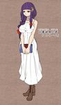  alternate_costume aoshima book boots bow choker crescent crescent_hair_ornament dress hair_ornament hair_ribbon highres long_hair patchouli_knowledge purple_hair red_bow red_ribbon ribbon solo touhou very_long_hair white_dress 