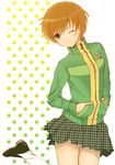  brown_eyes brown_hair hijiri_ruka jacket jumping one_eye_closed persona persona_4 satonaka_chie short_hair skirt solo 