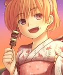  blonde_hair food hairband higurashi_no_naku_koro_ni houjou_satoko jailbird japanese_clothes kebab kimono red_eyes short_hair smile solo yukata 