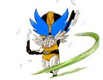  axe belt bodysuit boomerang chibi kamen_rider kamen_rider_den-o kamen_rider_den-o_(series) kaos male_focus solo weapon yellow_bodysuit 