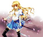  bandages blonde_hair copyright_request frills long_hair nanatomi_yuki petals pleated_skirt purple_eyes school_uniform serafuku sheath skirt solo sword thighhighs torn_clothes torn_legwear wavy_hair weapon zettai_ryouiki 