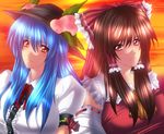  bad_id bad_pixiv_id blue_hair brown_eyes brown_hair detached_sleeves food fruit hakurei_reimu hat hinanawi_tenshi juri_(shiningred) multiple_girls peach touhou yellow_eyes 