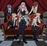  4girls blonde_hair blue_hair breasts brown_hair chin_rest cleavage couch dress esukee fedora flower formal gangster gloves green_hair grin hair_ribbon hat hatsune_miku kagamine_len kagamine_rin kaito large_breasts legs long_hair mafia megurine_luka meiko multiple_boys multiple_girls necktie pant_suit pink_hair ribbon short_hair shorts sitting smile suit suspenders thighhighs vocaloid 