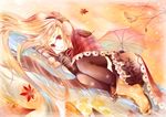  autumn bad_id bad_pixiv_id blonde_hair earmuffs leaf long_hair lying original red_eyes scarf solo tamarashi thighhighs tree umbrella 