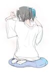  aoki_shin back blue_eyes brown_hair copyright_request from_behind looking_back oversized_clothes ponytail shirt sitting socks solo t-shirt 