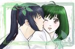  1girl ahoge bad_id bad_pixiv_id blue_hair blush brown_eyes close-up closed_eyes couple fukunoya green_hair hair_ornament hetero kiss long_hair macross macross_frontier one_eye_closed open_mouth ponytail ranka_lee saotome_alto 