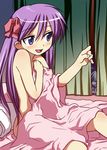  :d bed blush hiiragi_kagami izumi_konata lucky_star multiple_girls naked_sheet nude open_mouth purple_hair ribbon sakaki_imasato sitting smile 