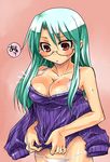  aqua_hair blush breasts bursting_breasts cleavage glasses green_hair large_breasts original panties solo sweat sweater tokita_monta underwear 