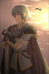  artist_request bat_wings blue_eyes blue_hair cape fire_emblem fire_emblem:_monshou_no_nazo gloves kirby_(series) marth meta_knight multiple_boys sunset super_smash_bros. sword tiara weapon wings 