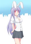  animal_ears arms_behind_back bad_id bad_pixiv_id breasts bunny_ears cleavage large_breasts long_hair nase purple_hair red_eyes reisen_udongein_inaba skirt solo touhou 