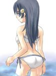  artist_request ass back bikini blue_eyes blue_hair hikari_(pokemon) long_hair lowres pokemon side-tie_bikini solo swimsuit water 