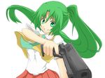  green_eyes green_hair grin gun handgun highres higurashi_no_naku_koro_ni nemu_(nebusokugimi) ponytail school_uniform smile solo sonozaki_mion weapon 
