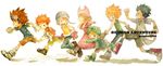  5boys bad_id bad_pixiv_id blonde_hair brown_hair digimon digimon_adventure dress fringe_trim gloves goggles hat ina_(gonsora) ishida_yamato izumi_koushirou kido_jou long_dress long_hair multiple_boys multiple_girls running short_hair smile tachikawa_mimi takaishi_takeru takenouchi_sora tears yagami_taichi 