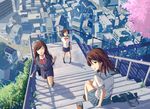  bag bookbag brown_hair cherry_blossoms city happy long_hair multiple_girls original saku school_uniform sitting sitting_on_stairs stairs tree 