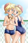  1girl blonde_hair blue_eyes blush brother_and_sister child goggles hikari_(mitsu_honey) holding_hands kagamine_len kagamine_rin one-piece_swimsuit school_swimsuit short_hair siblings smile swimsuit twins vocaloid 