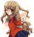  aisaka_taiga bad_id bad_pixiv_id blazer blouse blush brown_eyes brown_hair gotou_hisashi jacket long_hair looking_back miniskirt oohashi_high_school_uniform pointing ribbon school_uniform skirt solo standing toradora! 