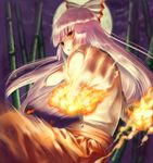  aura bad_id bad_pixiv_id bamboo bamboo_forest bangs bow fire foreshortening forest fujiwara_no_mokou hair_bow inuzuka_bouru long_hair moon nature red_eyes solo touhou very_long_hair white_hair 